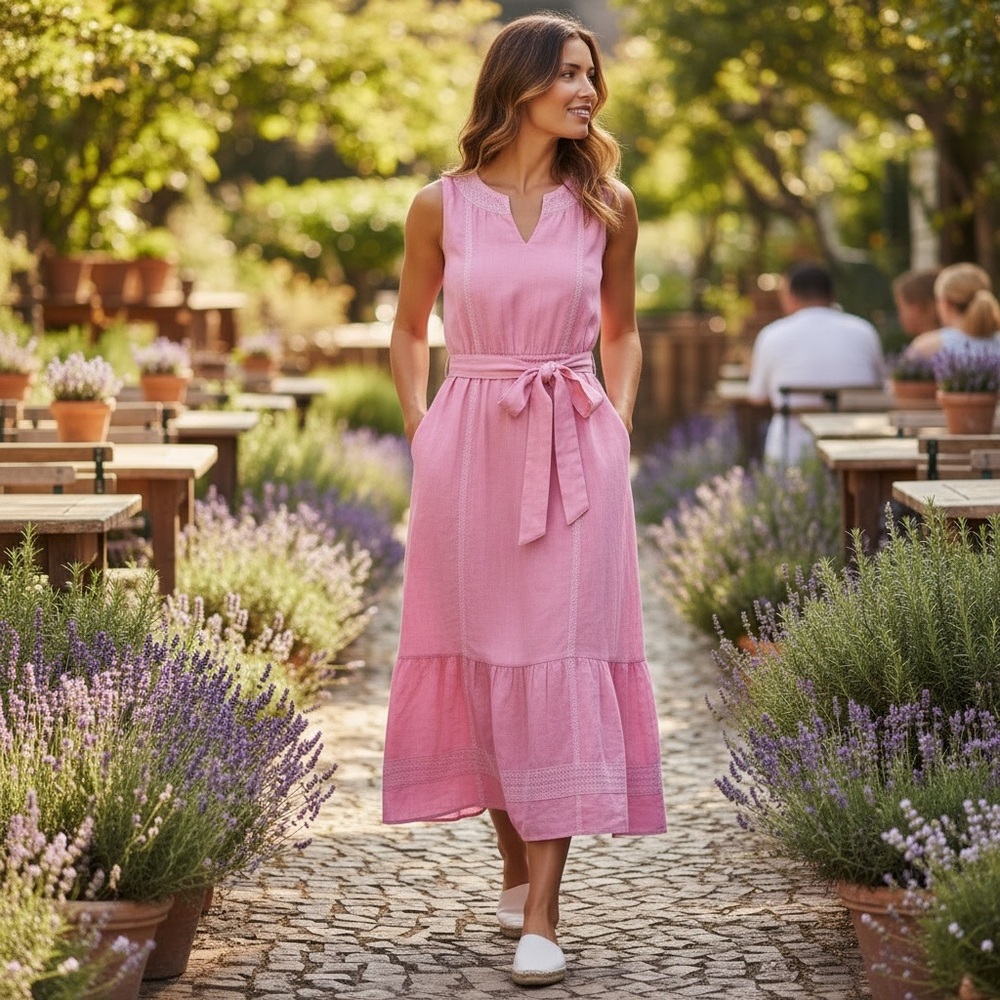 Talbots Pink Sleeveless 100% Cotton Maxi Dress with Tie Waist and Pockets